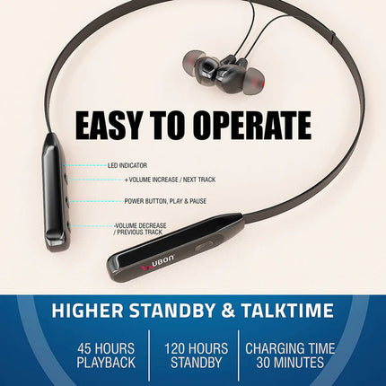 Ubon Quick Charge CL-50 Wireless Neckband - Immersive Stereo Sound and Lightning-Fast Charging